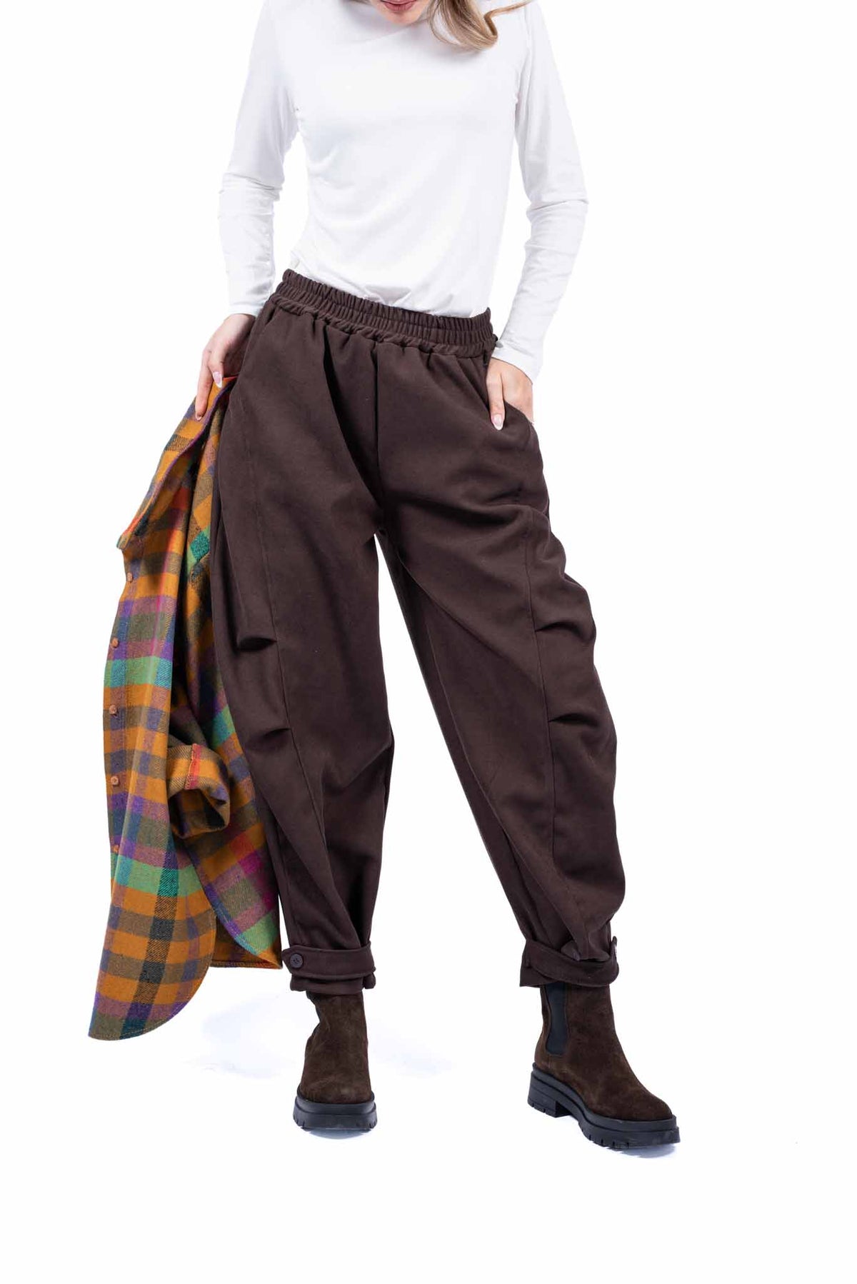 Pantaloni a Cavallo Basso con Vita Elasticizzata Cioccolato donna Miss love - 1