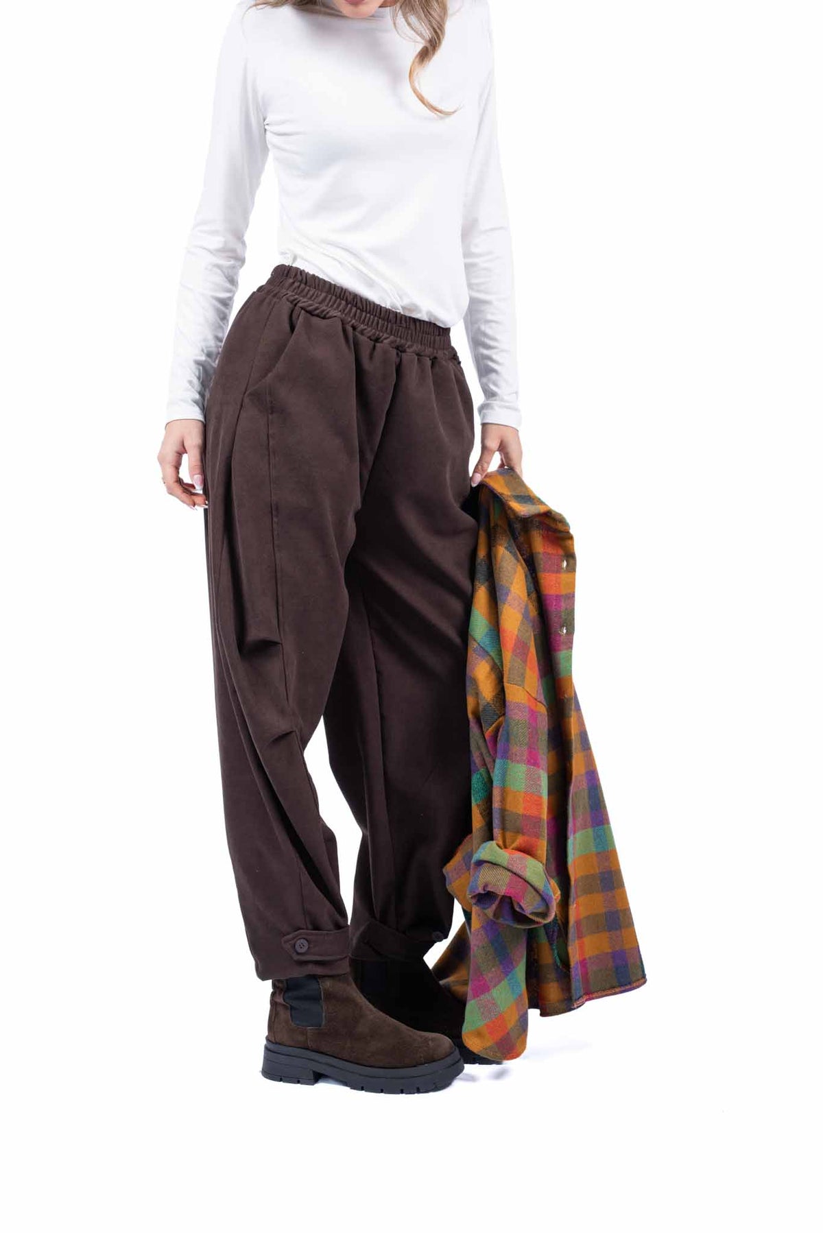 Pantaloni a Cavallo Basso con Vita Elasticizzata Cioccolato donna Miss love - 2