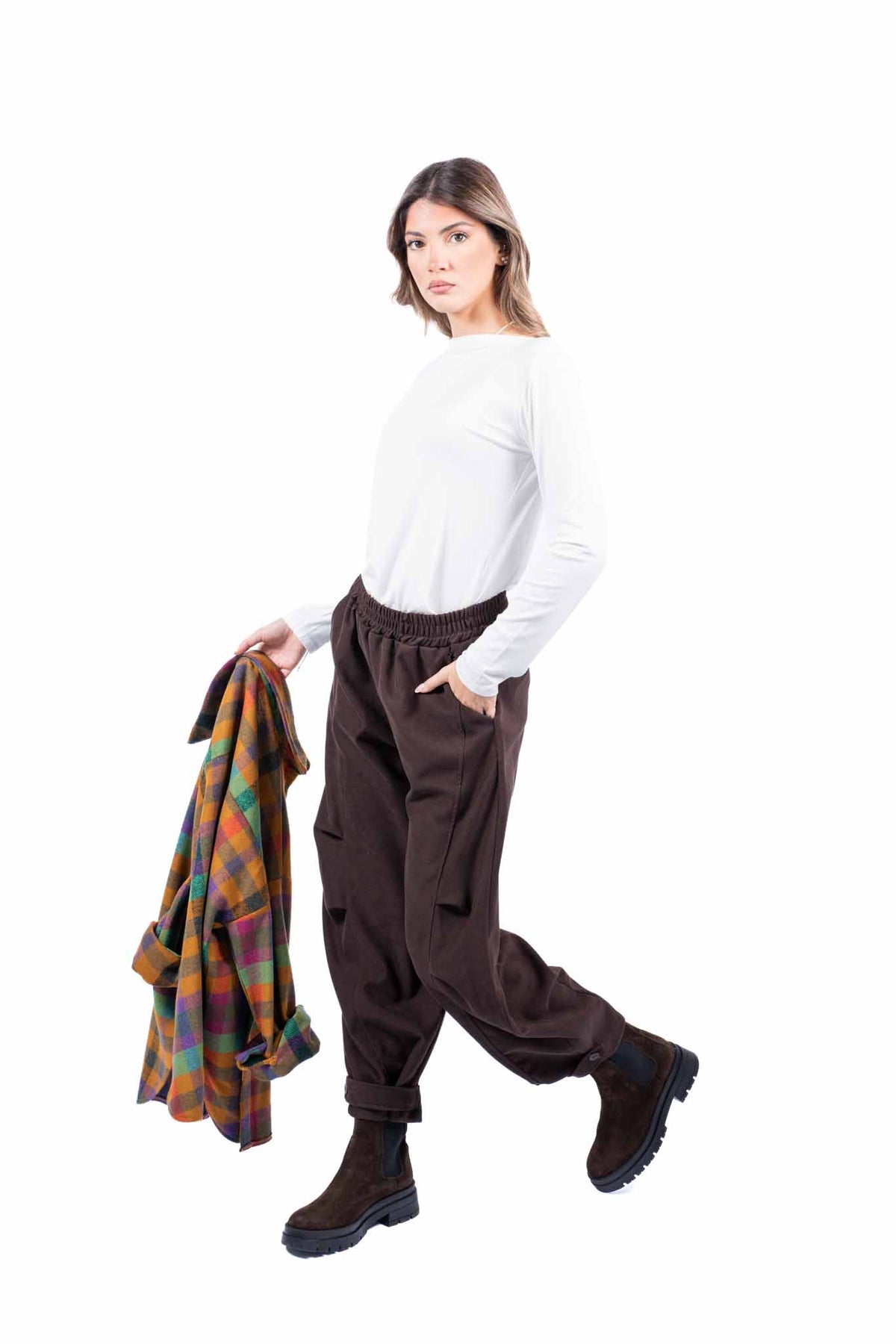 Pantaloni a Cavallo Basso con Vita Elasticizzata Cioccolato donna Miss love - 4
