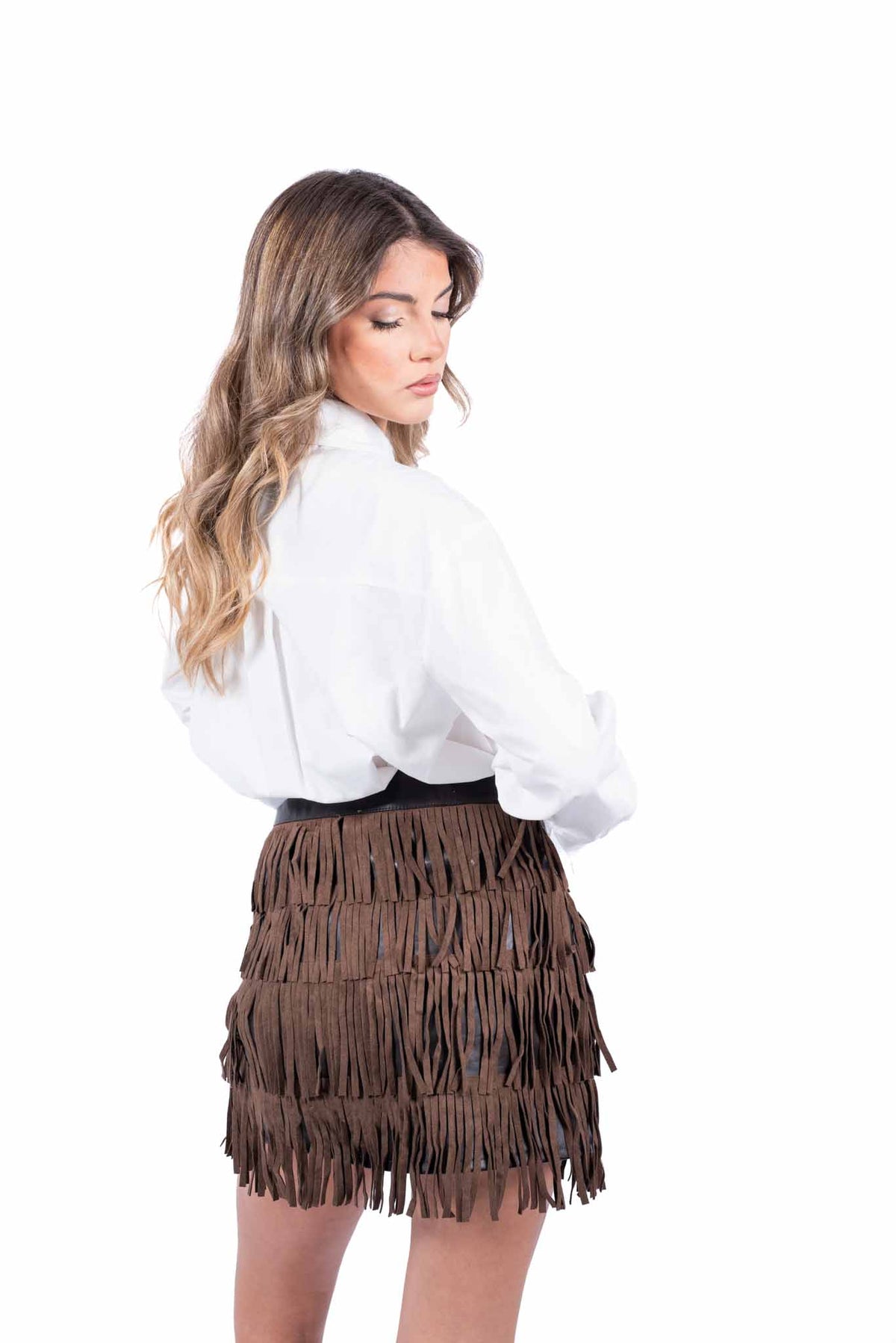 Minigonna in Ecopelle Marrone con Frange Scamosciate donna Miss love - 4