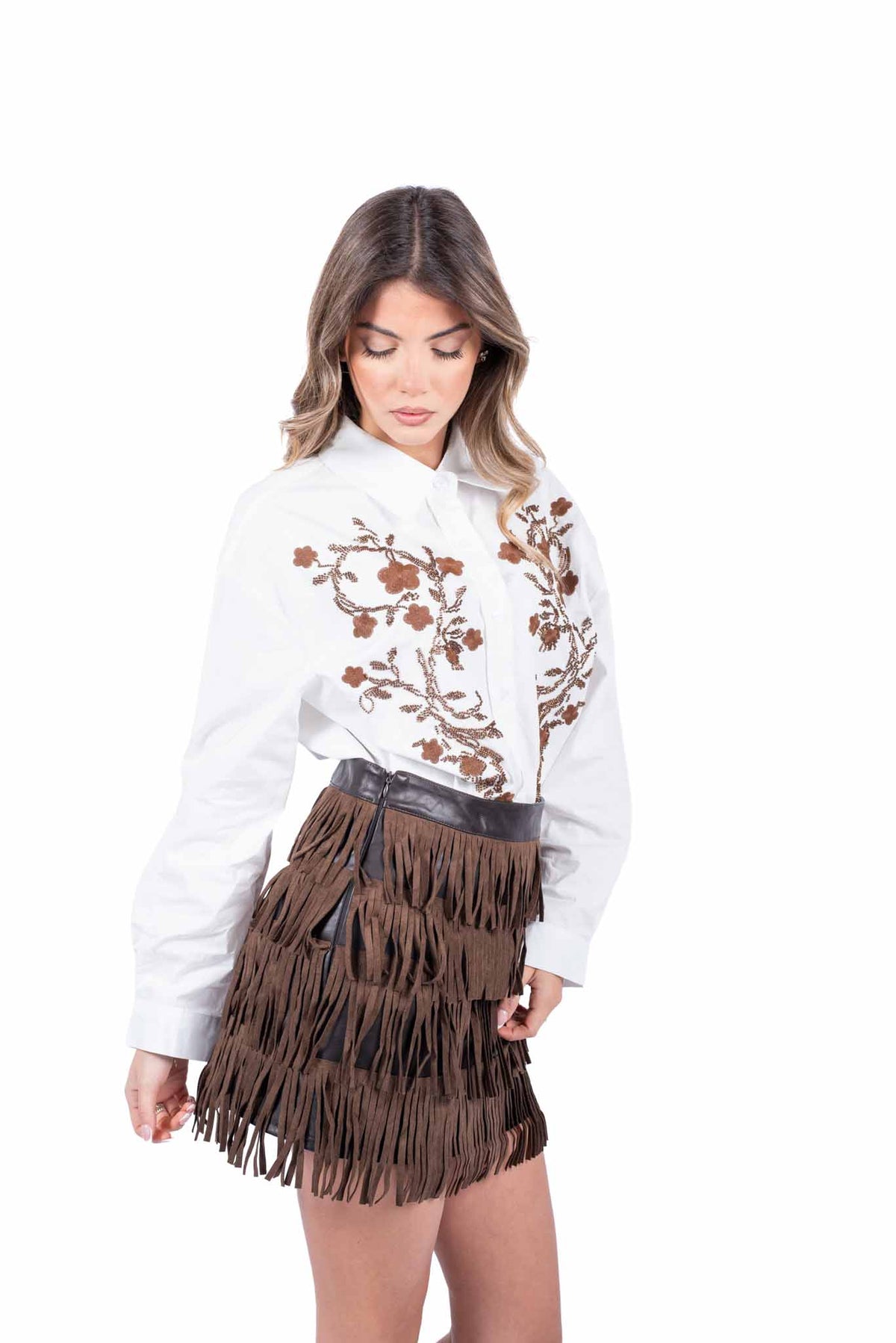 Minigonna in Ecopelle Marrone con Frange Scamosciate donna Miss love - 6
