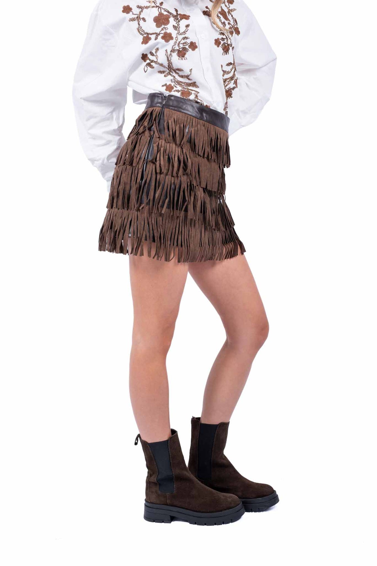 Minigonna in Ecopelle Marrone con Frange Scamosciate donna Miss love - 5