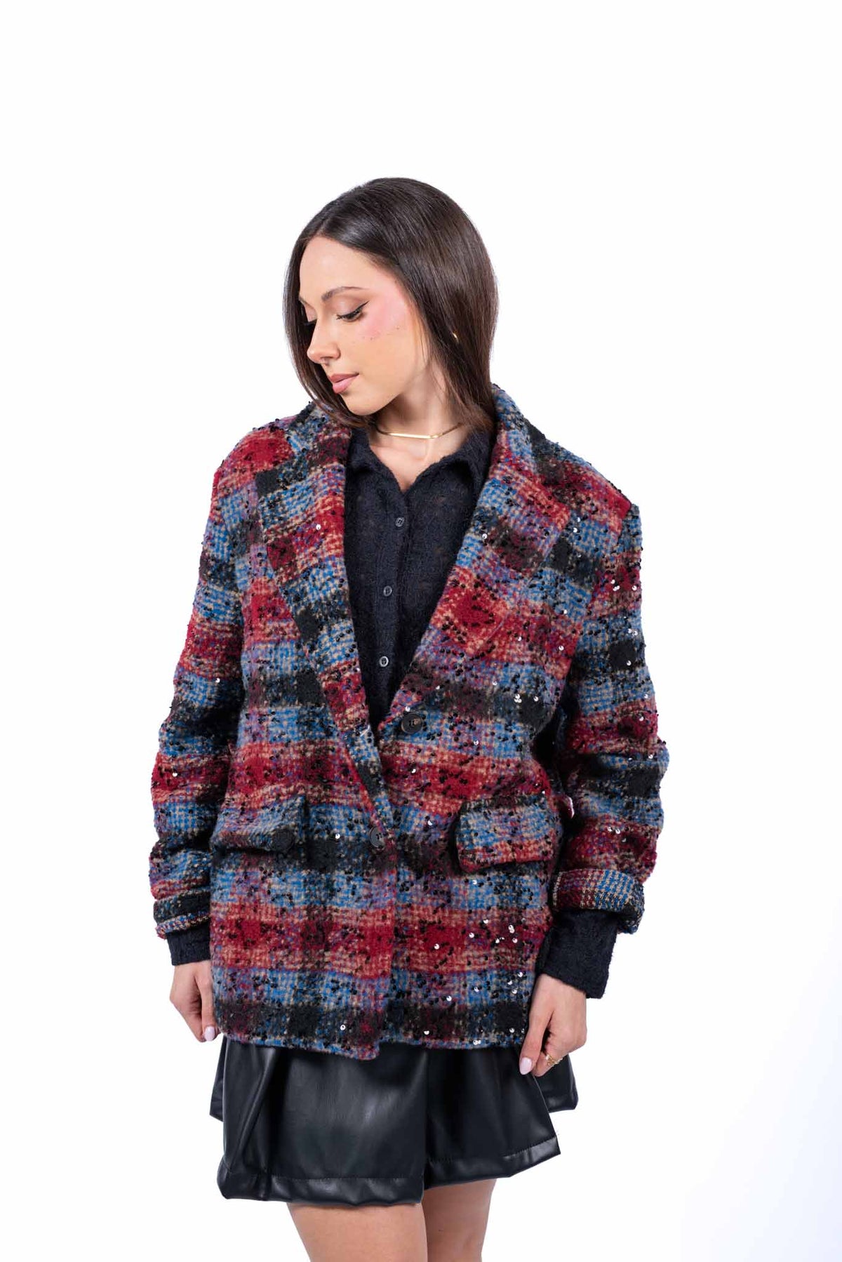 Blazer Oversize in Tweed Check con Paillettes donna Miss love - 1