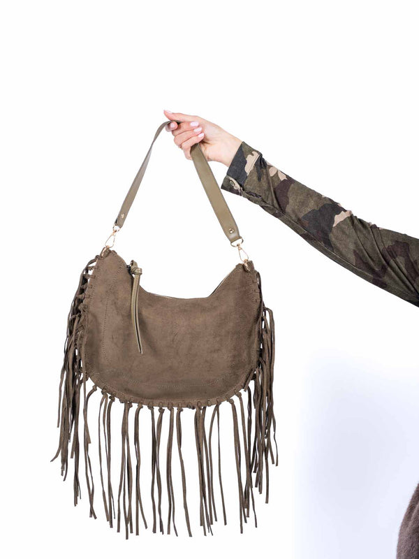 Borsa Hobo in Camoscio Verde Militare con Frange da donna Miss love
