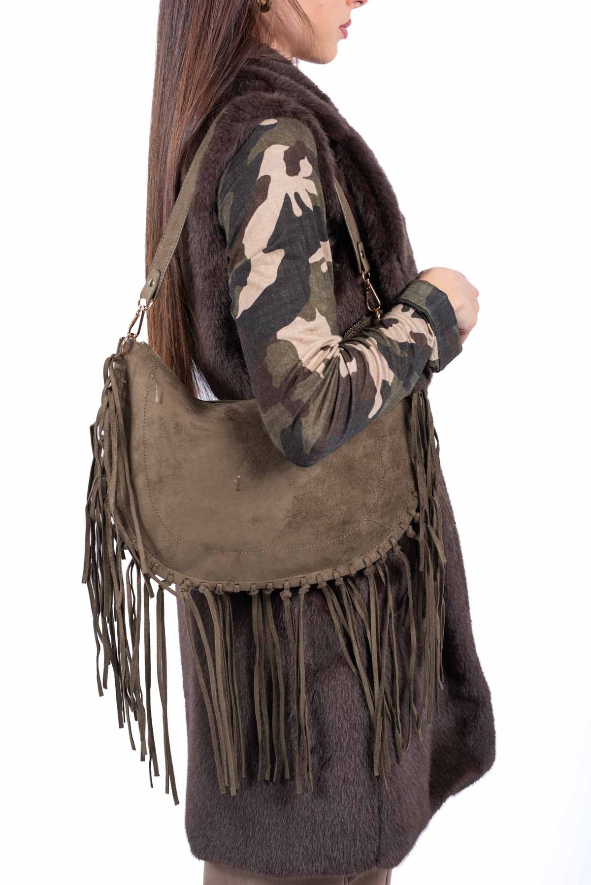 Borsa Hobo in Camoscio Verde Militare con Frange donna Miss love - 3