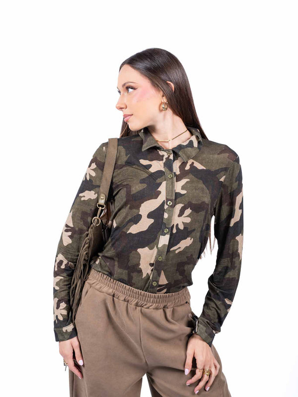 Camicia in Misto Cashmere a Stampa Camouflage da donna Miss love