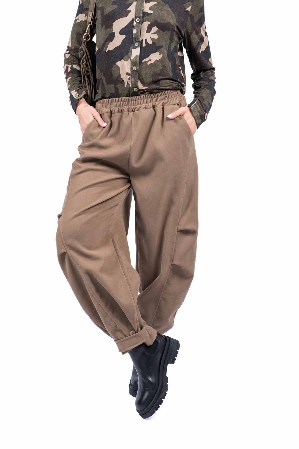 Pantaloni a Cavallo Basso con Vita Elasticizzata Cammello donna Miss love - 1