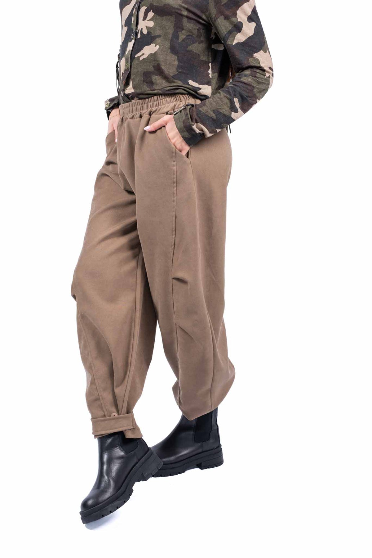 Pantaloni a Cavallo Basso con Vita Elasticizzata Cammello donna Miss love - 5