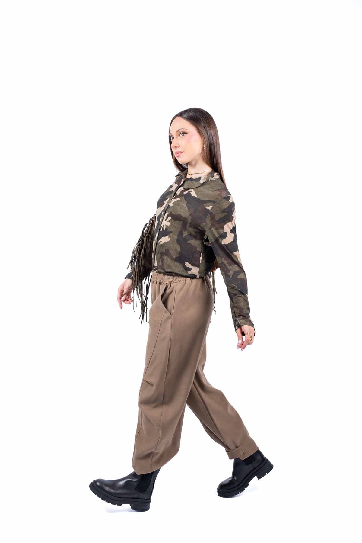 Pantaloni a Cavallo Basso con Vita Elasticizzata Cammello donna Miss love - 2