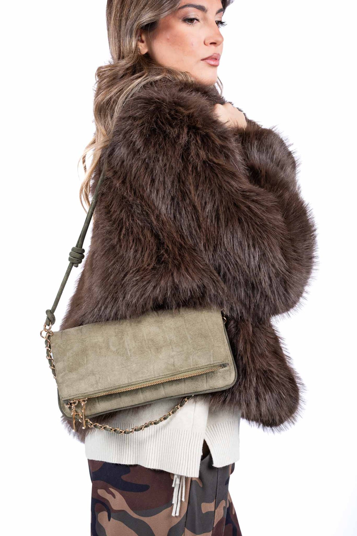 Borsa a Tracolla in Camoscio Militare Stampata Coccodrillo donna Miss love - 3