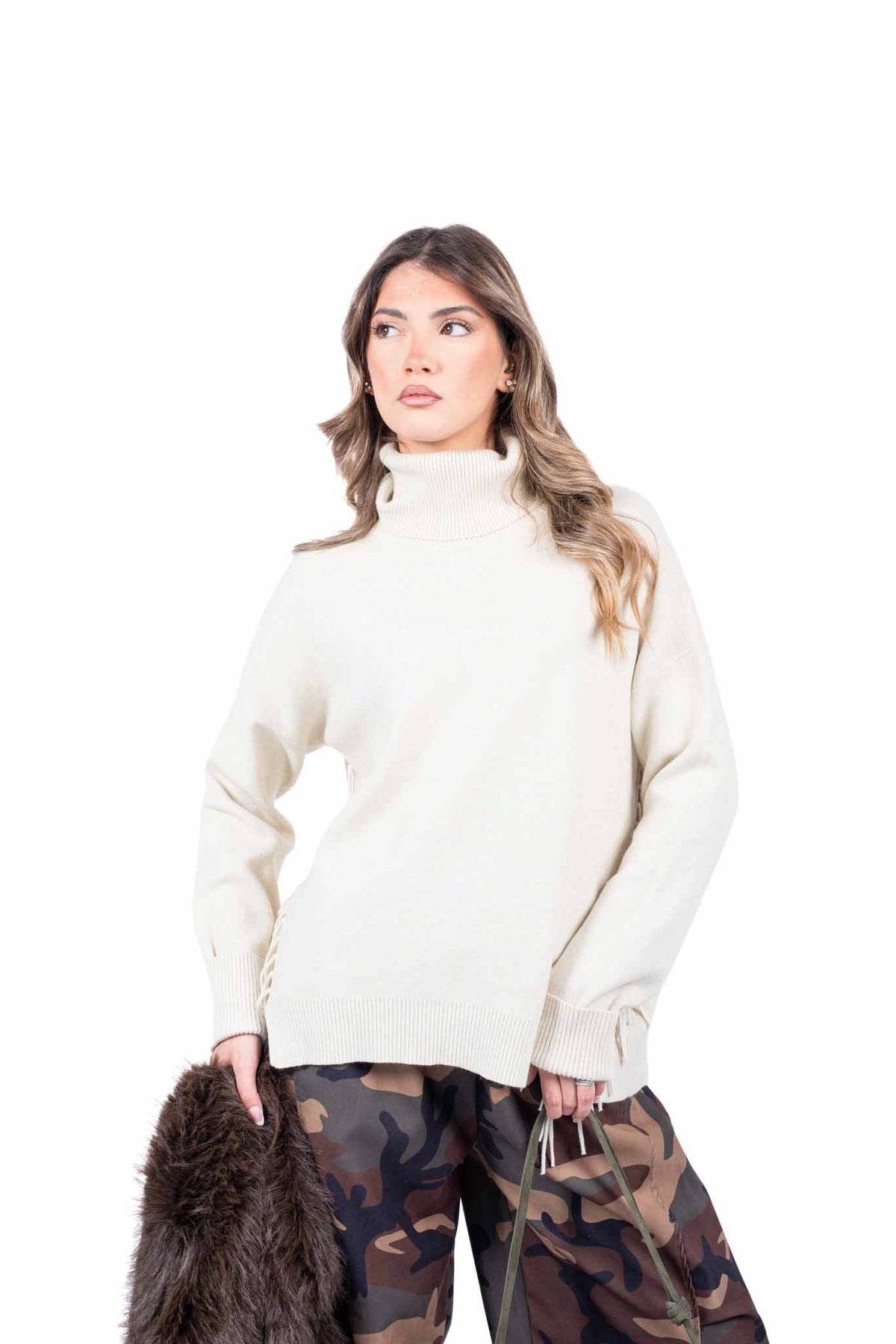 Maglione Oversize Avorio con Frange donna Miss love - 1