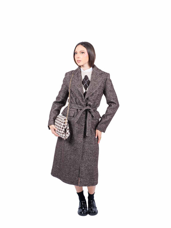 Cappotto Lungo in Tweed Sartoriale Marrone con Cintura da donna Miss love