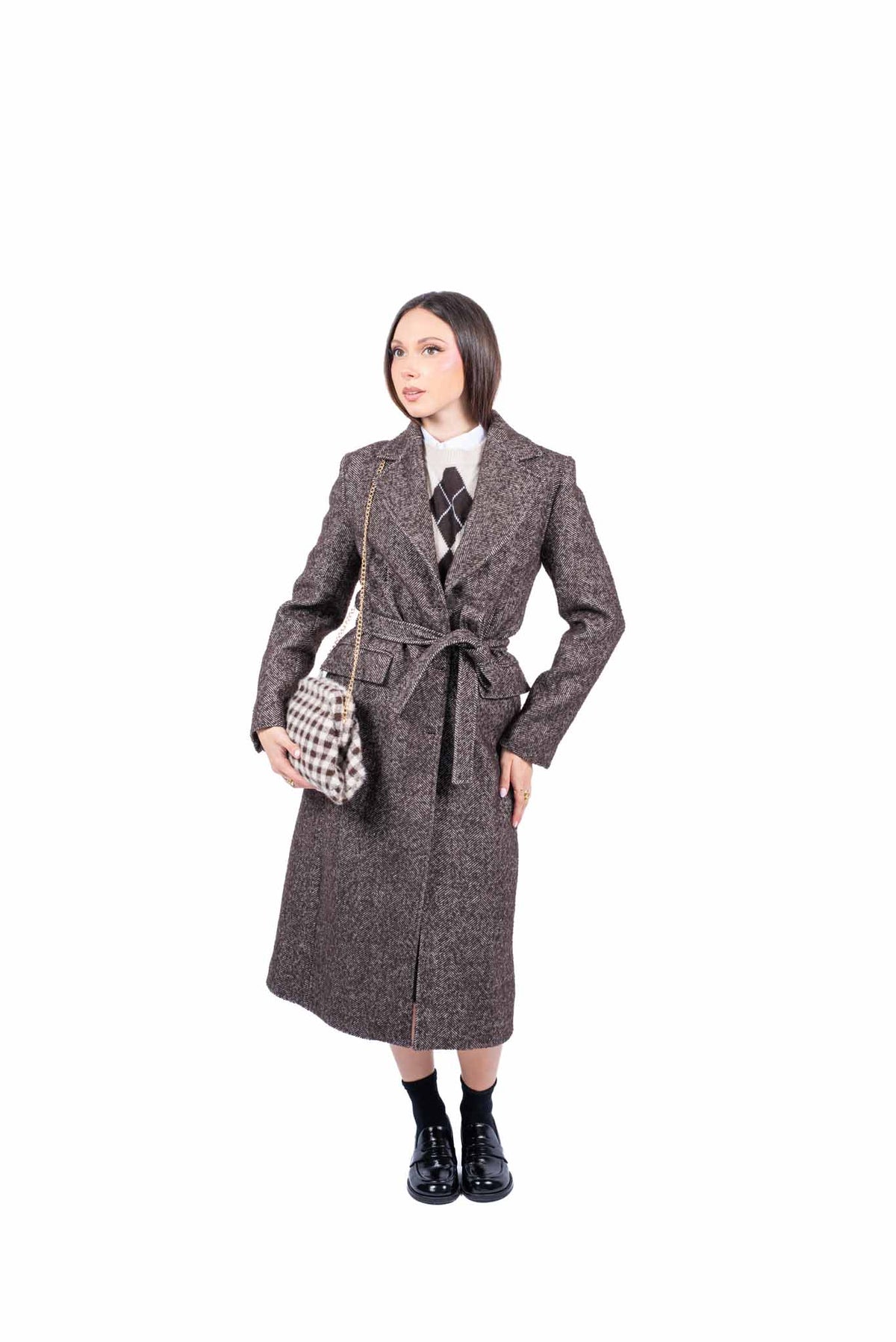 Cappotto Lungo in Tweed Sartoriale Marrone con Cintura donna Miss love - 1