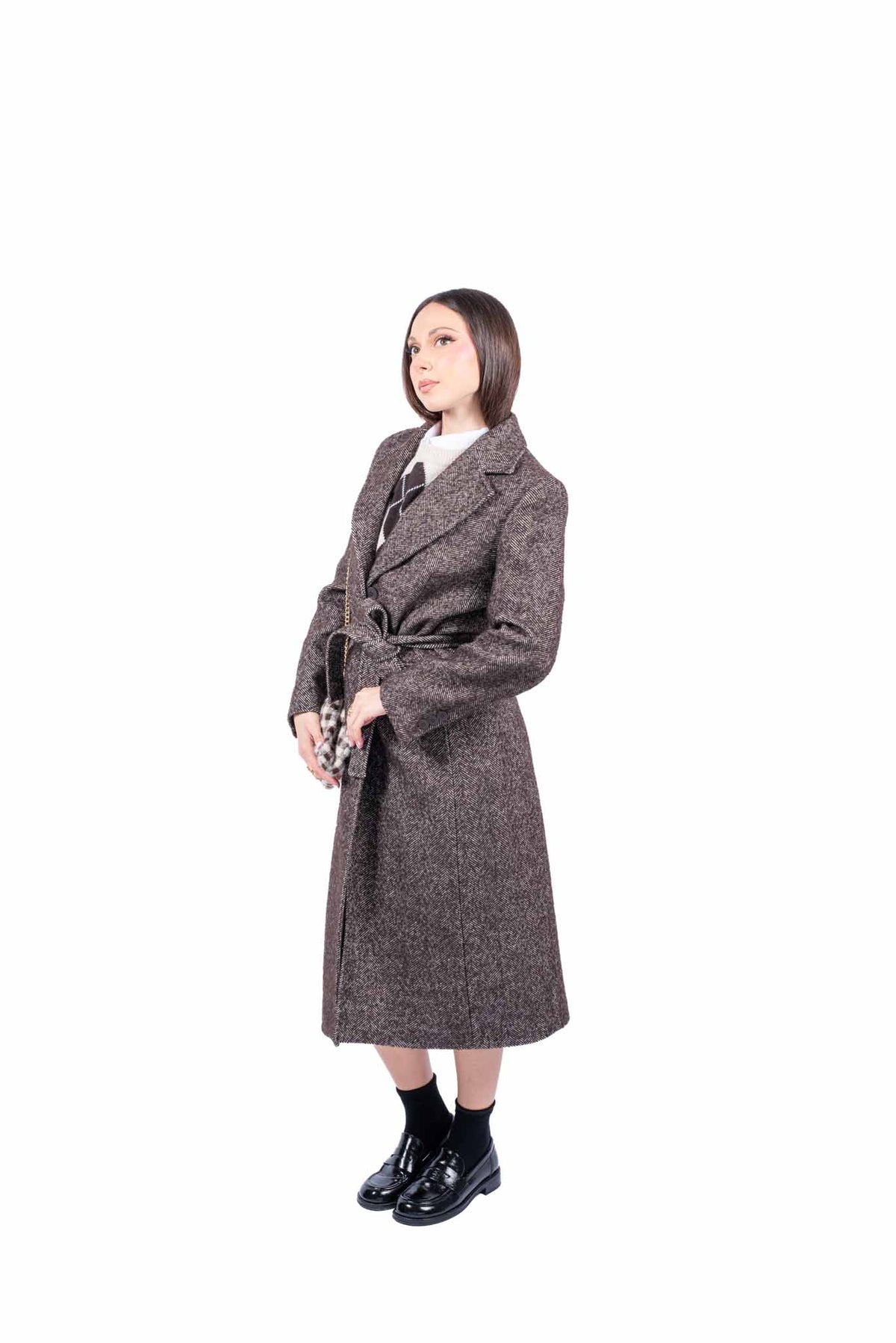 Cappotto Lungo in Tweed Sartoriale Marrone con Cintura donna Miss love - 3