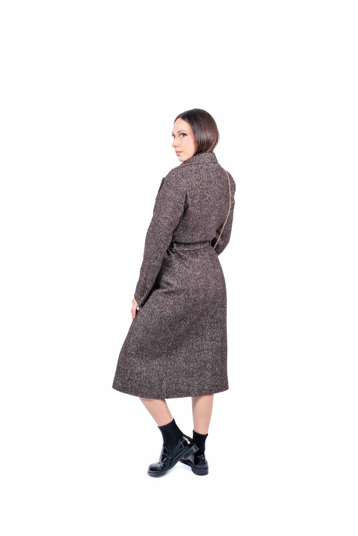 Cappotto Lungo in Tweed Sartoriale Marrone con Cintura donna Miss love - 5