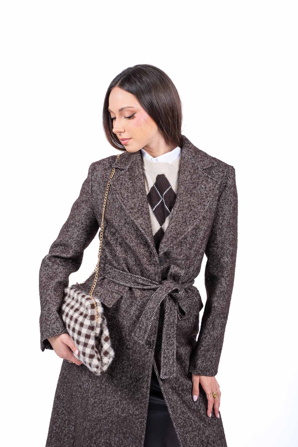 Cappotto Lungo in Tweed Sartoriale Marrone con Cintura donna Miss love - 2