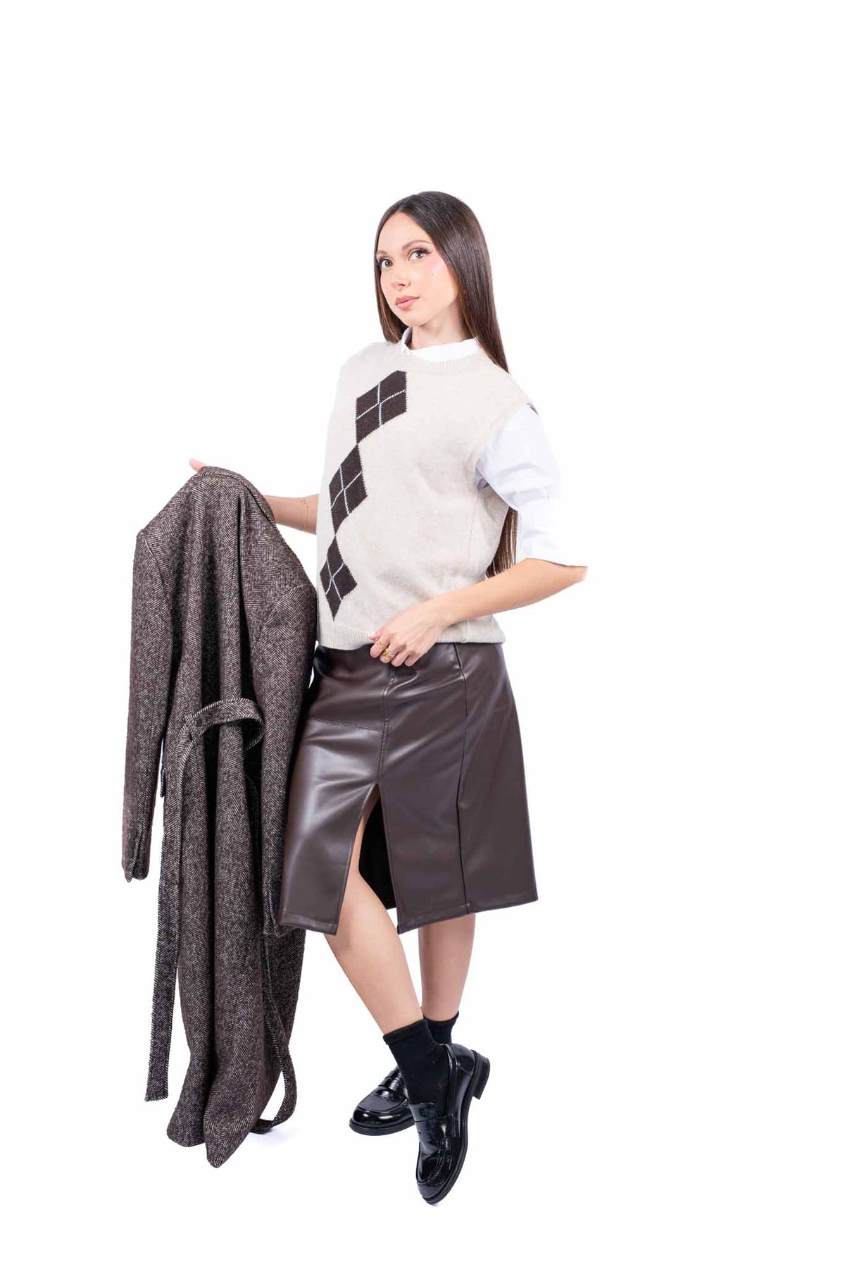 Gonna Midi a Tubino in Ecopelle Marrone con Spacco donna Miss love - 6