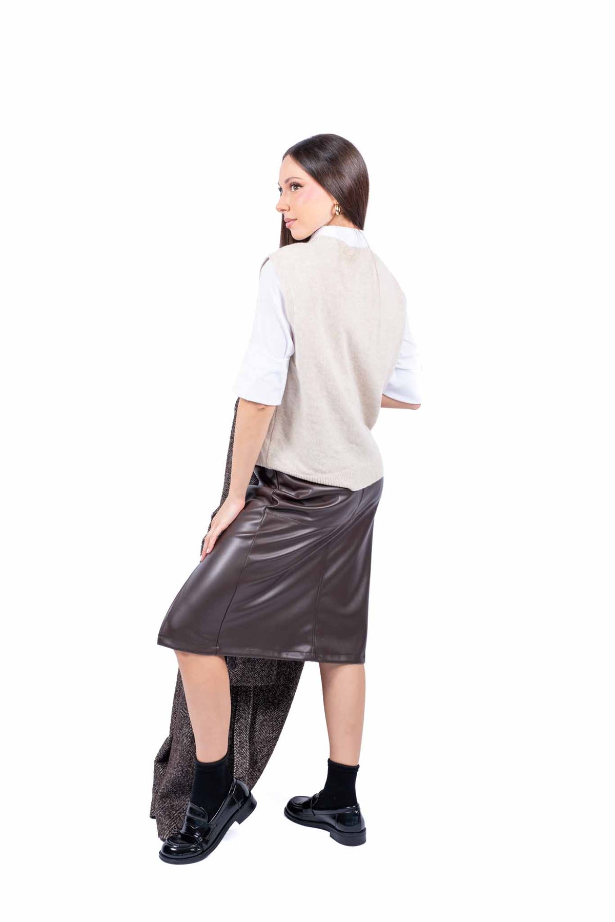 Gonna Midi a Tubino in Ecopelle Marrone con Spacco donna Miss love - 5