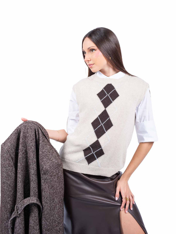 Gilet Oversize in Maglia Beige con Motivo a Rombi da donna Miss love