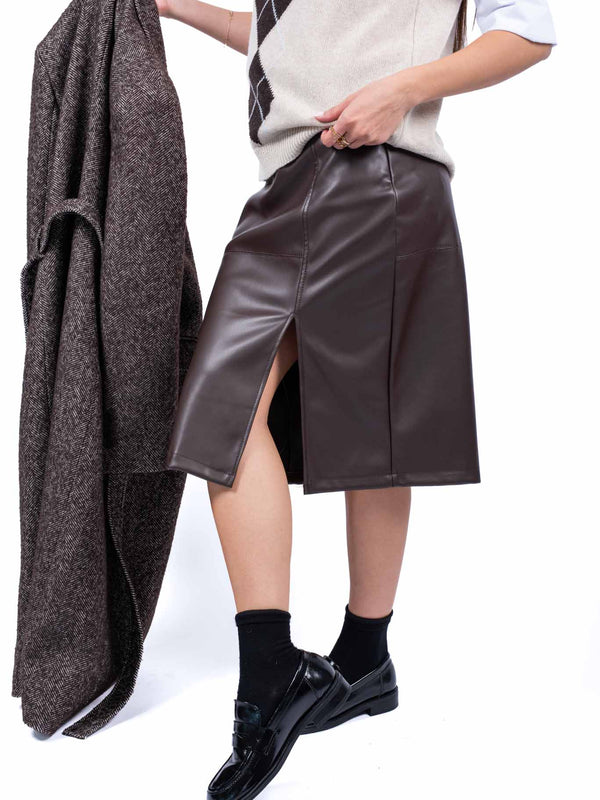 Gonna Midi a Tubino in Ecopelle Marrone con Spacco da donna Miss love