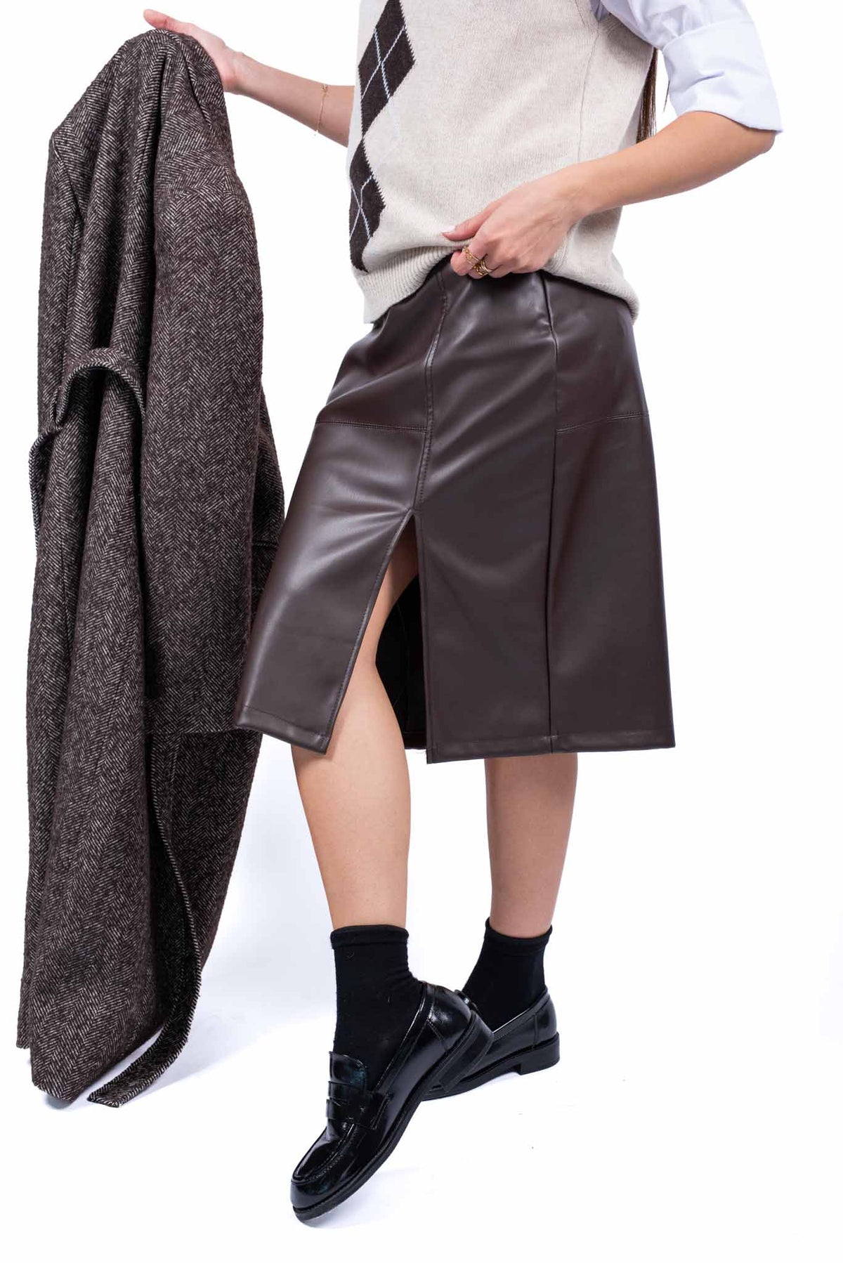 Gonna Midi a Tubino in Ecopelle Marrone con Spacco donna Miss love - 1