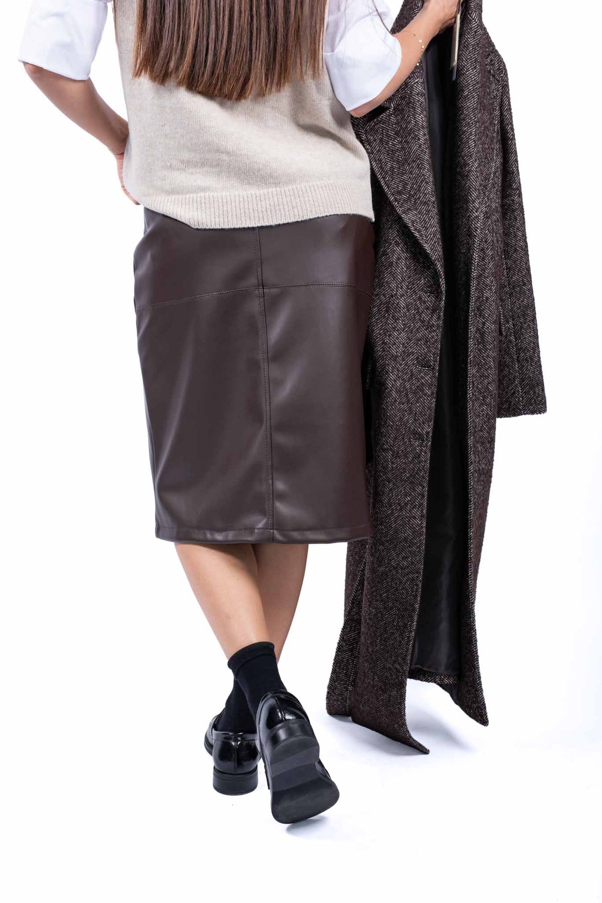 Gonna Midi a Tubino in Ecopelle Marrone con Spacco donna Miss love - 2