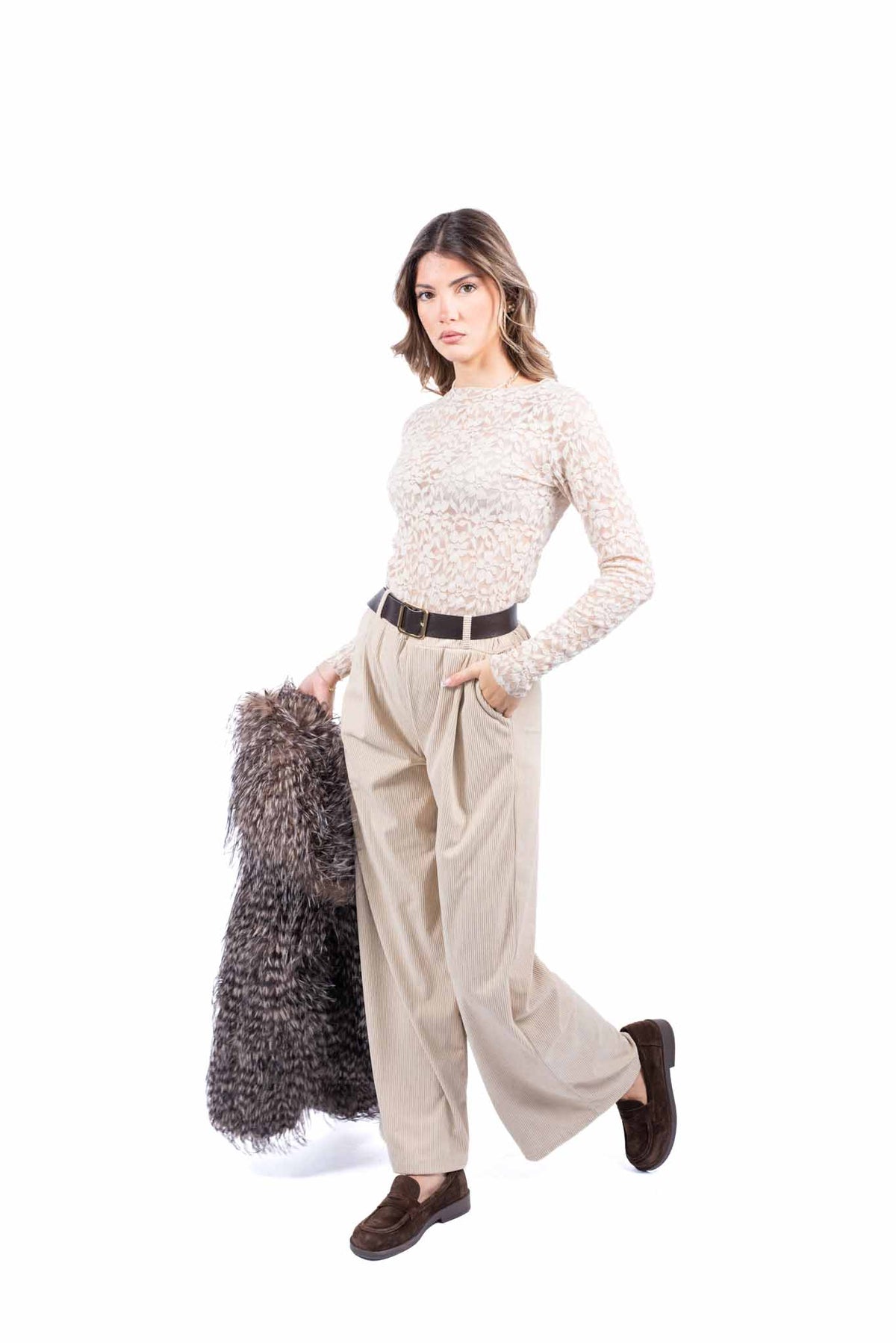 Pantaloni in Velluto a Coste Sabbia con Cintura donna Miss love - 3