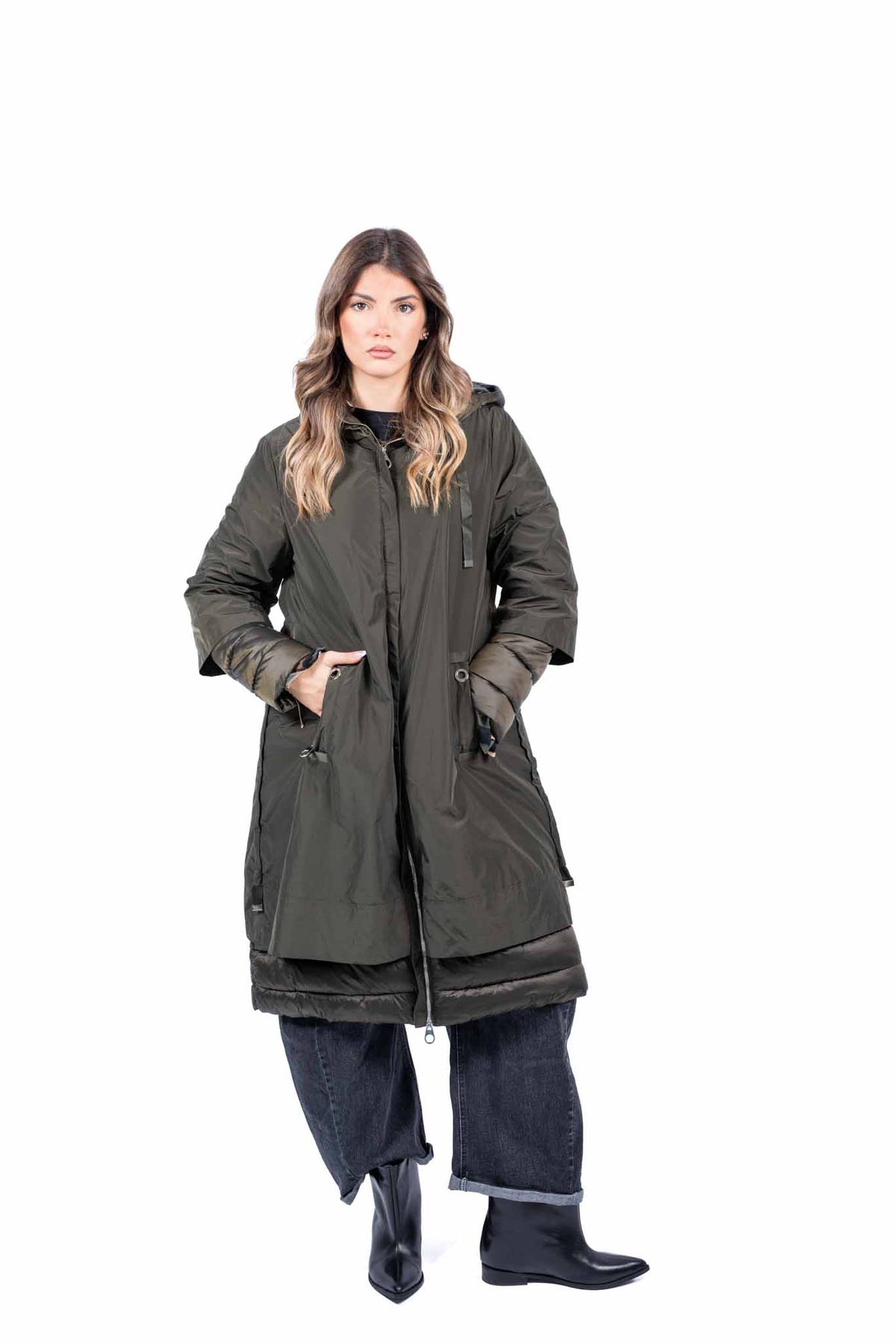 Piumino Lungo Ibrido Verde Militare donna Miss love - 1