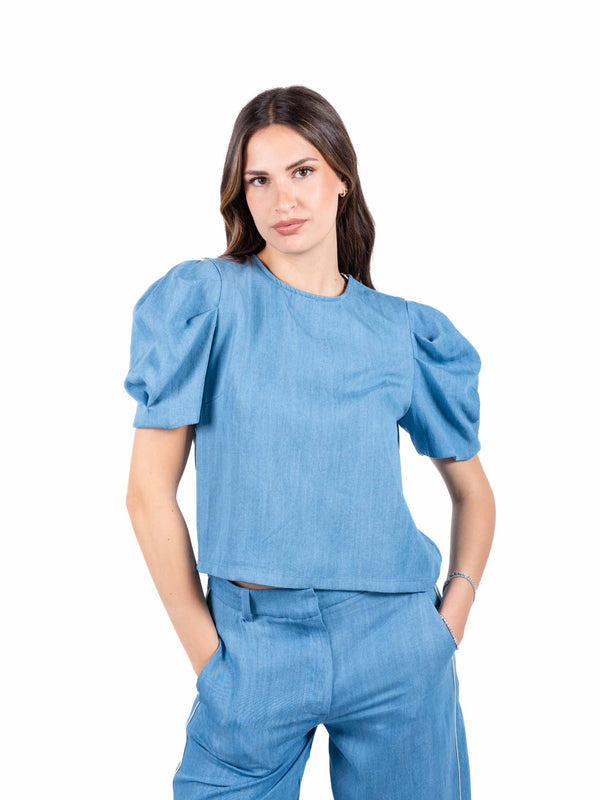 Top con Maniche a Sbuffo Effetto Denim da donna Tensione in