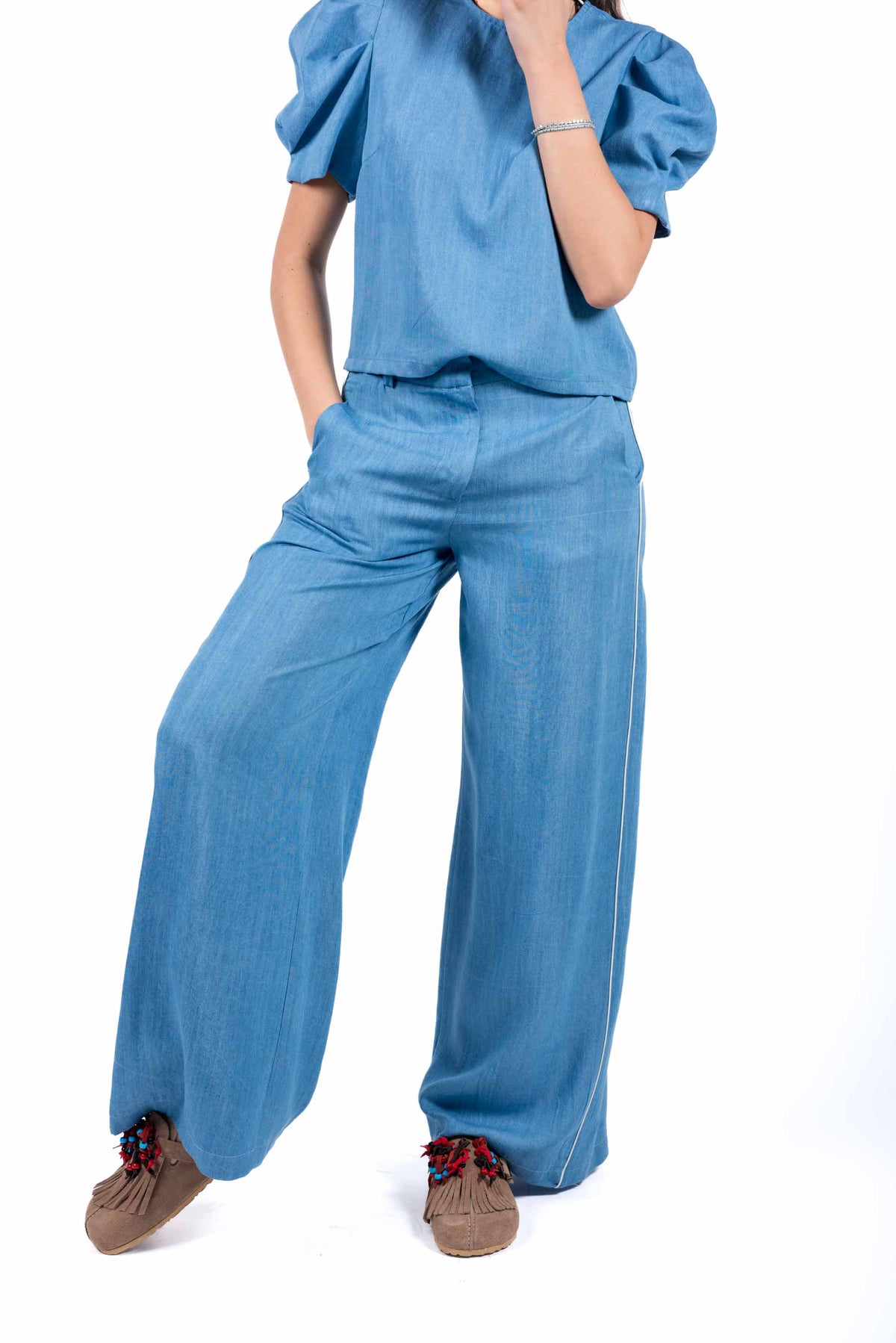 Pantaloni Wide Leg Effetto Denim donna Tensione in - 1