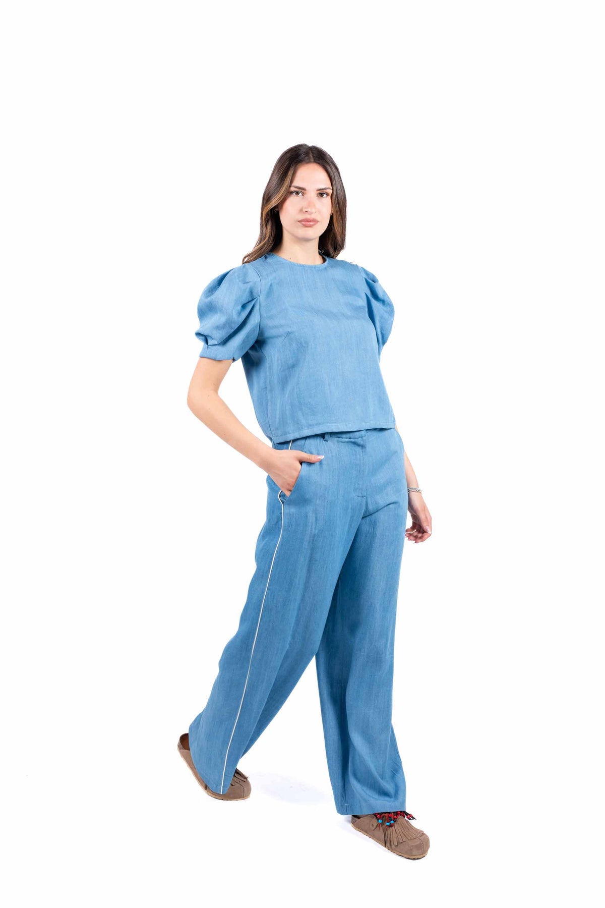 Pantaloni Wide Leg Effetto Denim donna Tensione in - 4