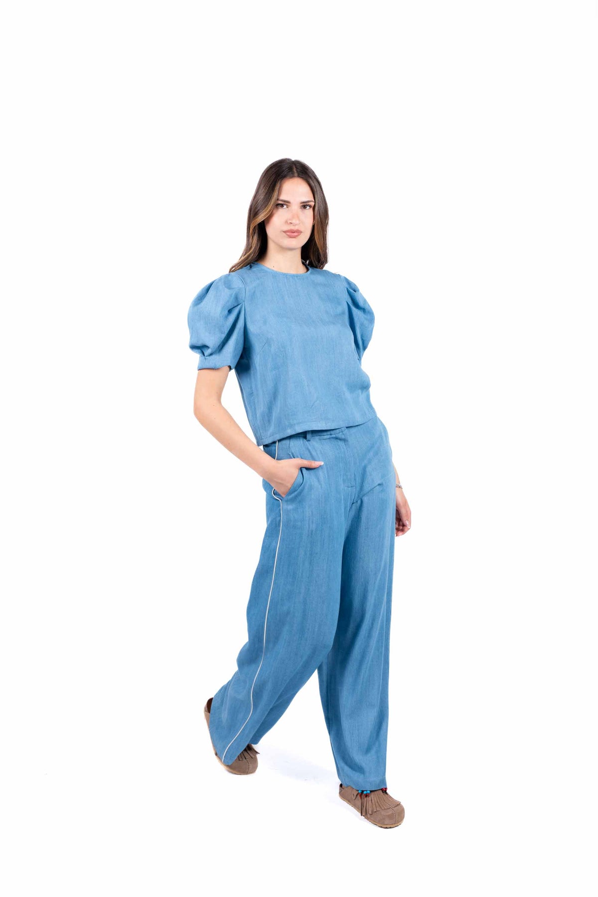 Top con Maniche a Sbuffo Effetto Denim donna Tensione in - 5