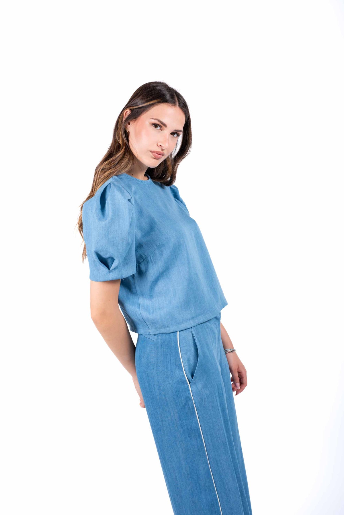 Top con Maniche a Sbuffo Effetto Denim donna Tensione in - 6