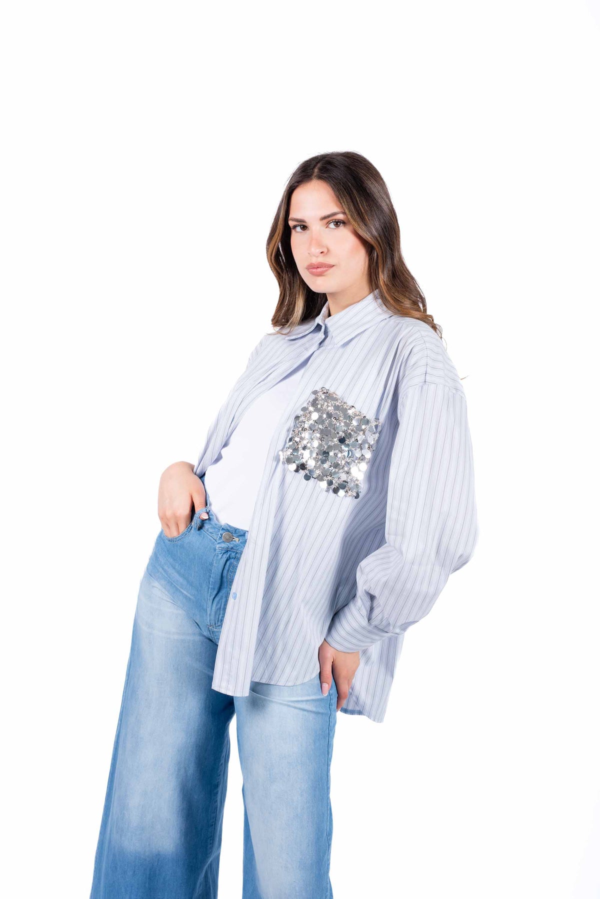 Camicia a Righe con Taschino Paillettes donna Tensione in - 6