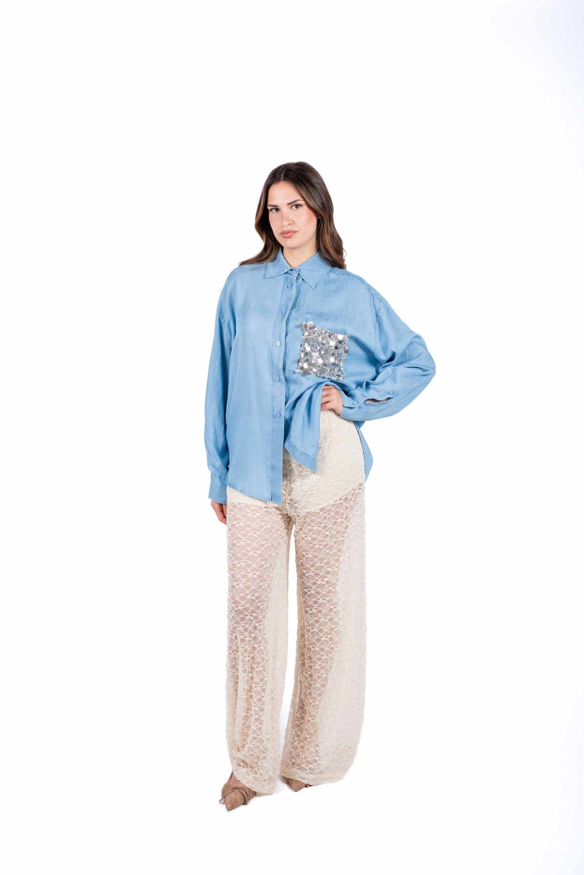 Camicia Effetto Denim con Taschino Paillettes donna Tensione in - 5