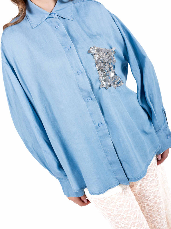 Camicia Effetto Denim con Taschino Paillettes da donna Tensione in