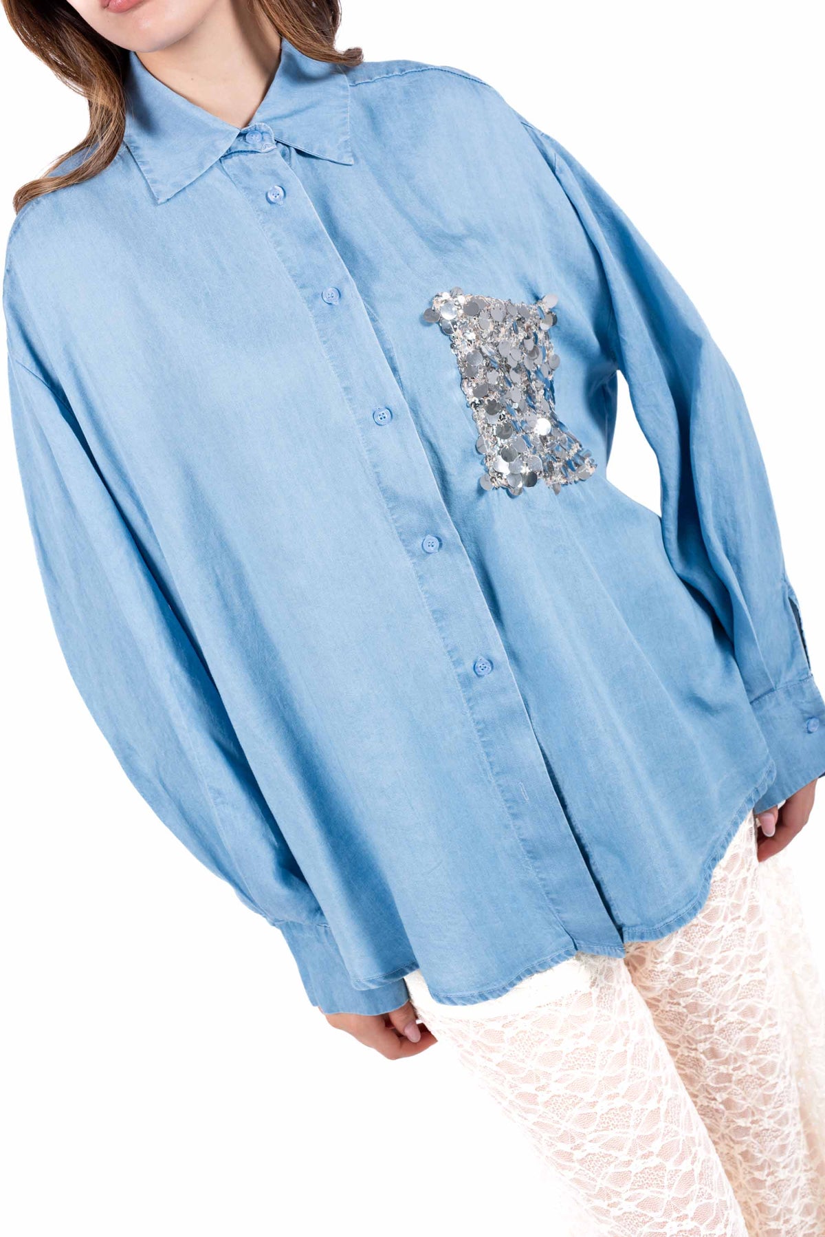 Camicia Effetto Denim con Taschino Paillettes donna Tensione in - 1