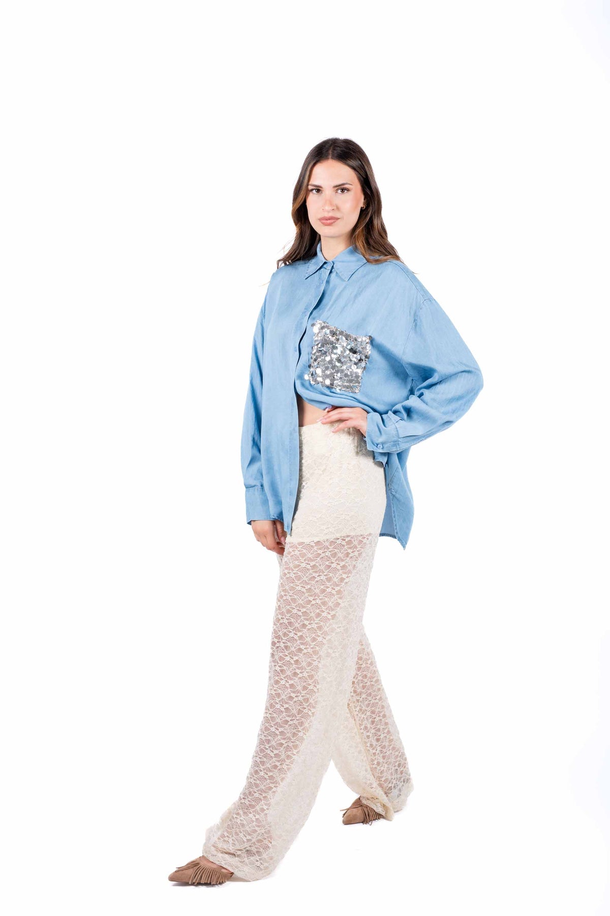 Pantaloni Wide Leg in Pizzo Crema donna Tensione in - 2