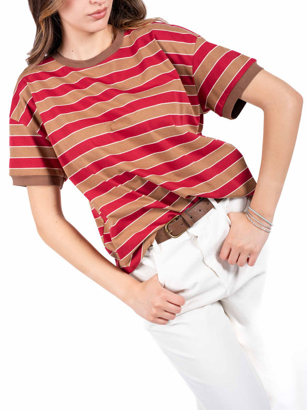 T-Shirt a Righe Cammello/Rosso da donna Tensione in