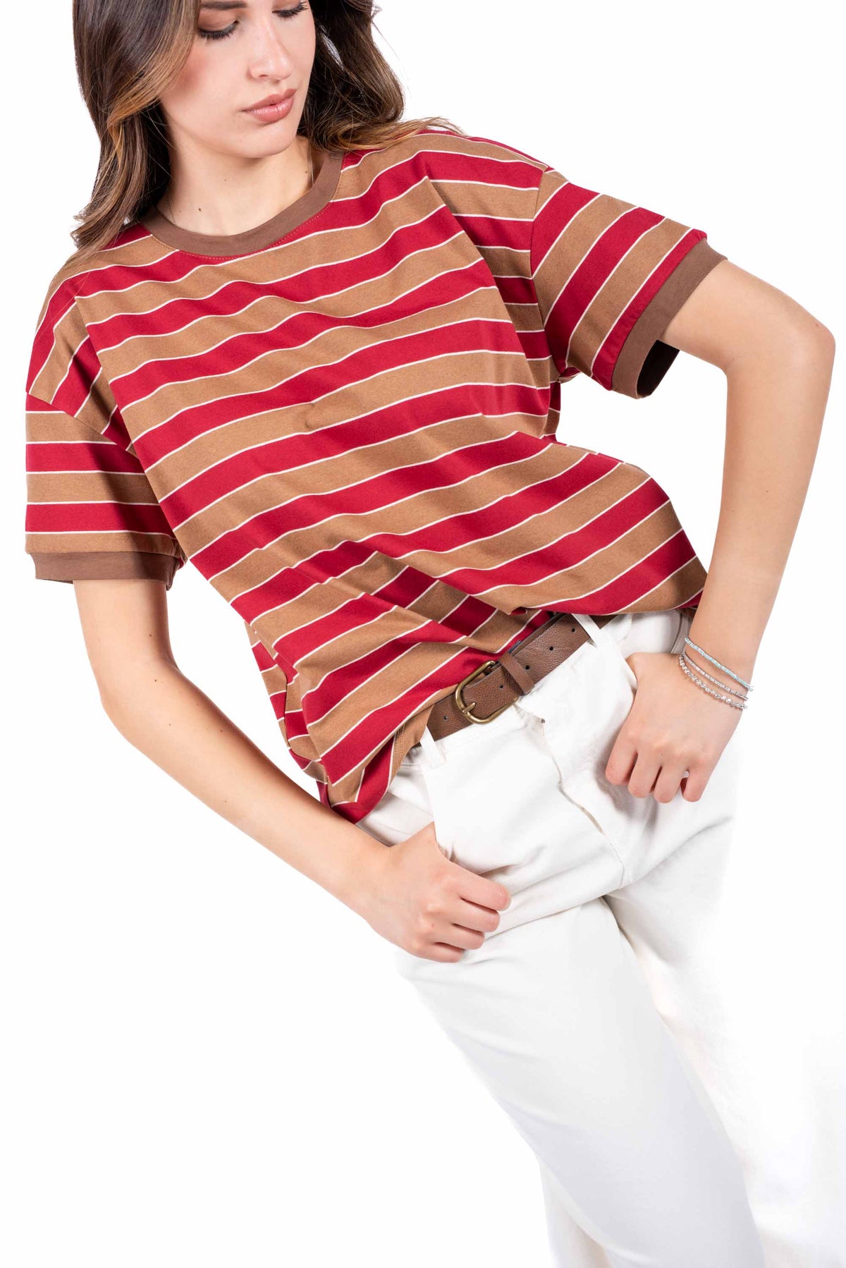 T-Shirt a Righe Cammello/Rosso donna Tensione in - 1