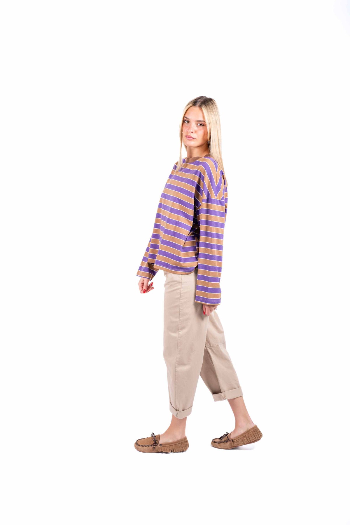 Maglia Oversize a Righe Viola/Cammello donna Tensione in - 3