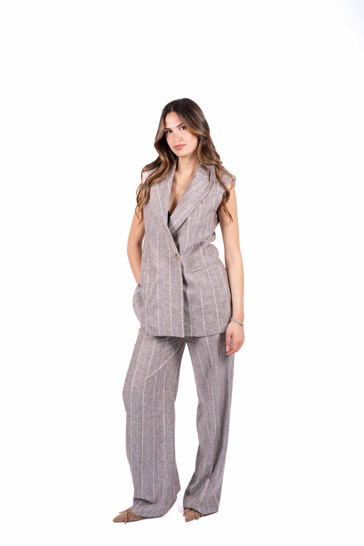 Gilet Sartoriale Gessato Tortora donna Maryley - 2
