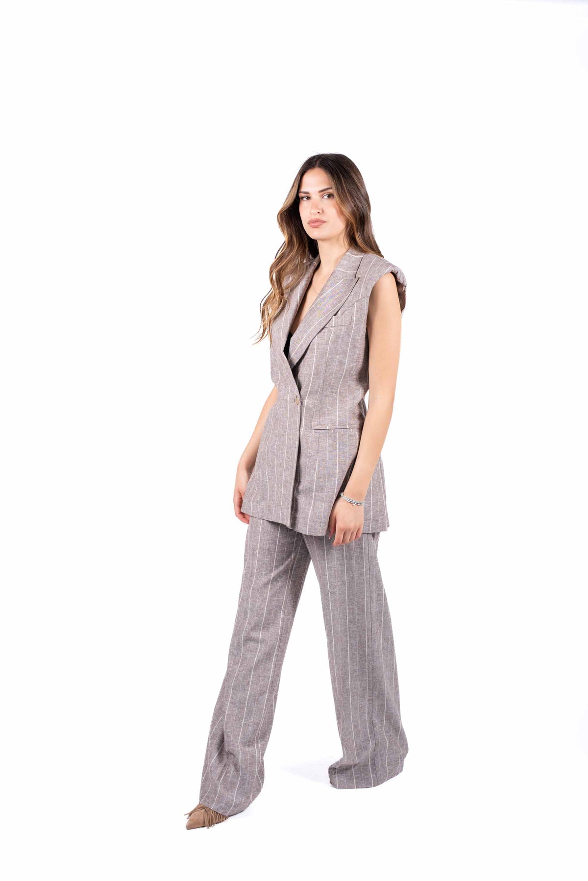 Pantaloni Sartoriali Gessati Tortora donna Maryley - 2