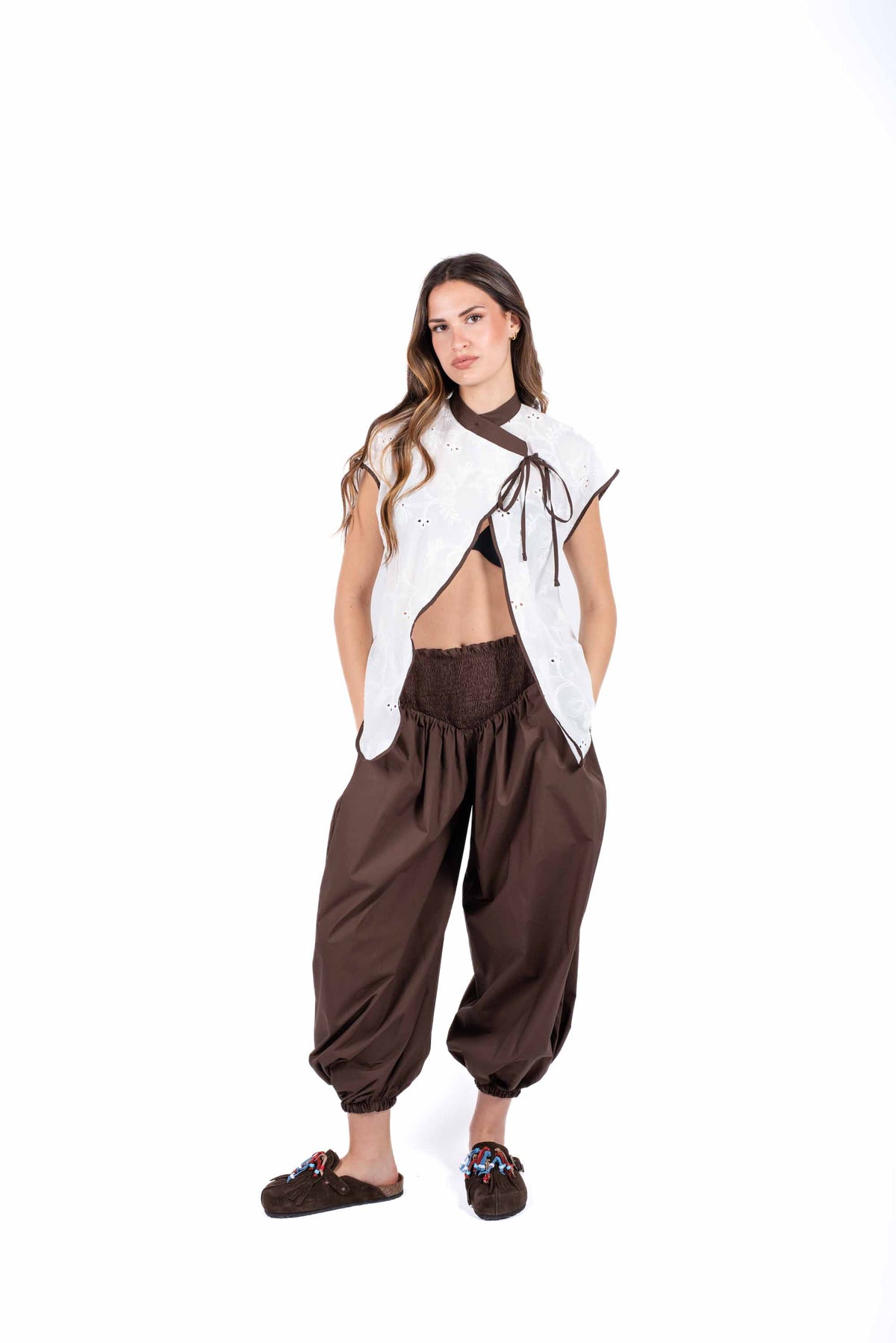 Pantaloni Balloon con Vita Smock Cioccolato donna Maryley - 3