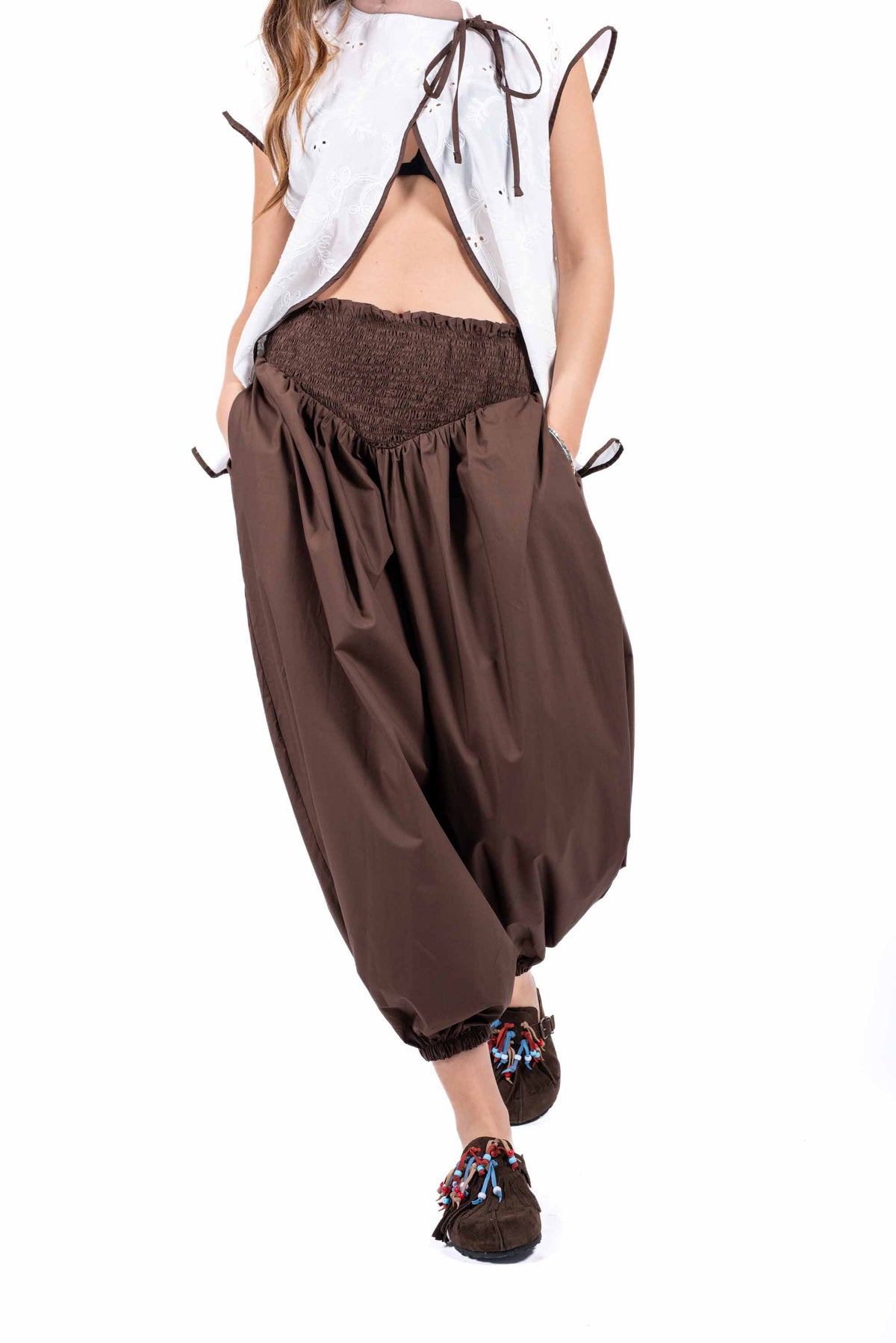 Pantaloni Balloon con Vita Smock Cioccolato donna Maryley - 1