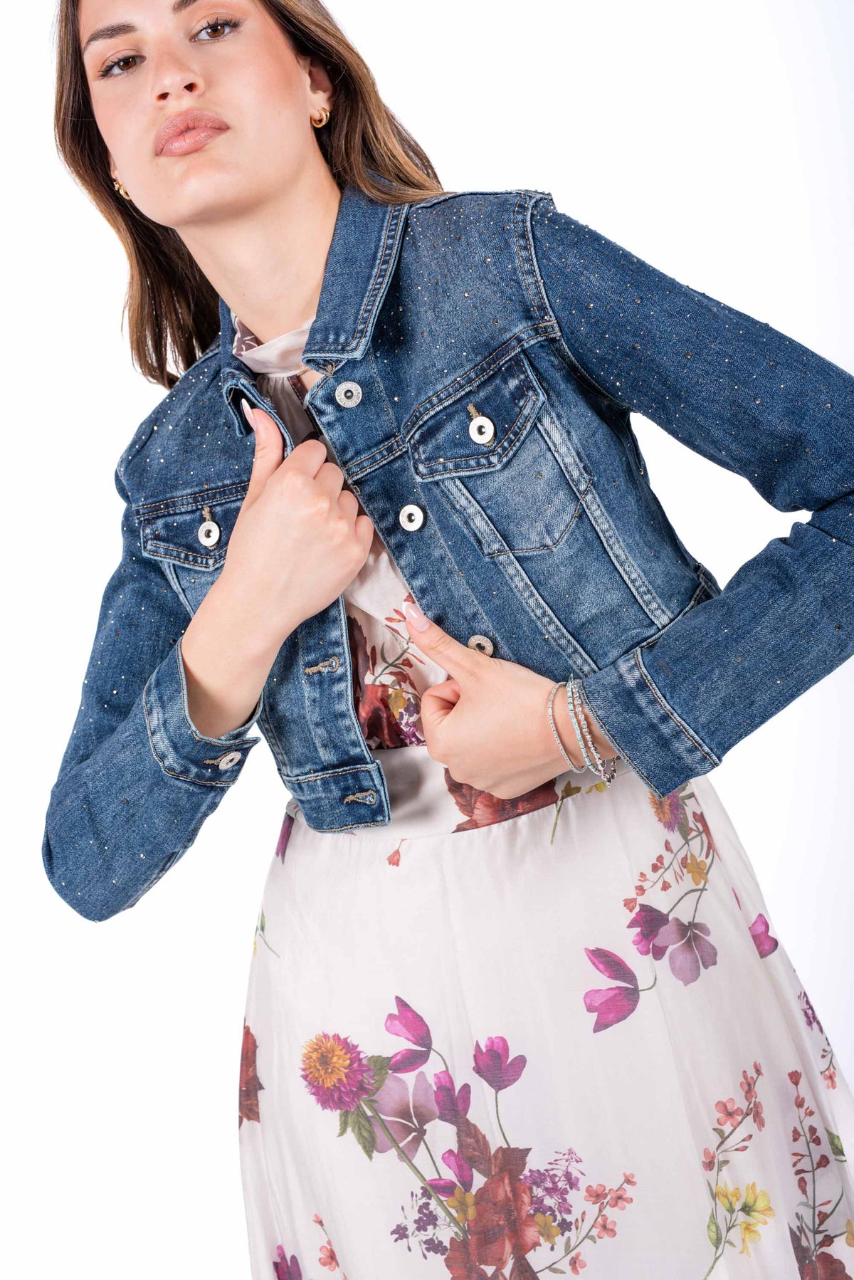 Giubbino Denim Crop con Strass donna Miss love - 1