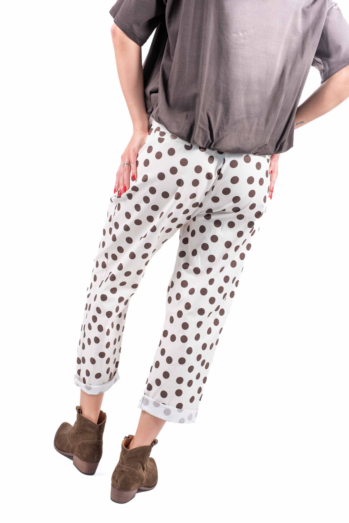 Pantaloni a Pois Marroni con Cintura e Elastico Bianchi donna Miss love - 2