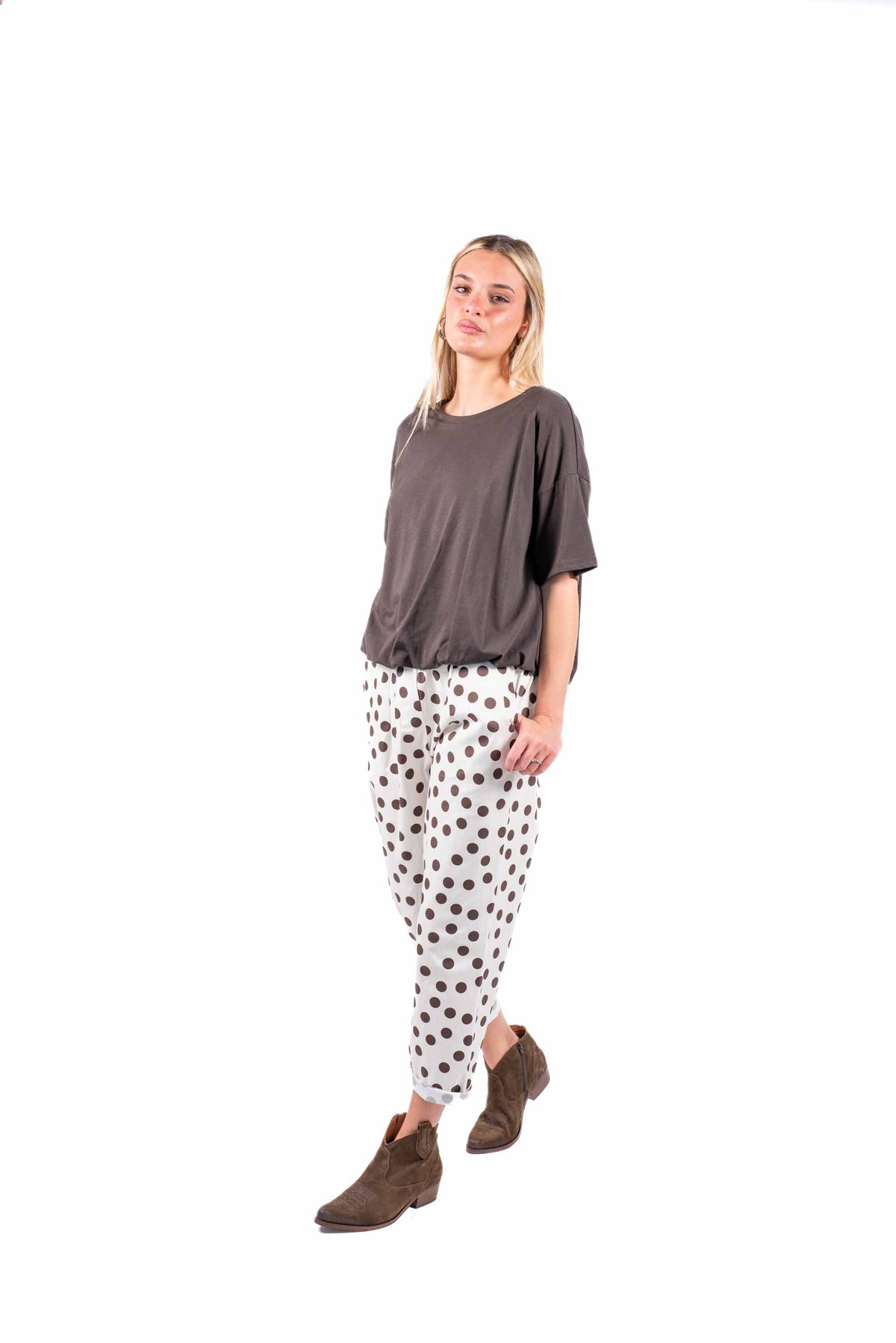 Pantaloni a Pois Marroni con Cintura e Elastico Bianchi donna Miss love - 6