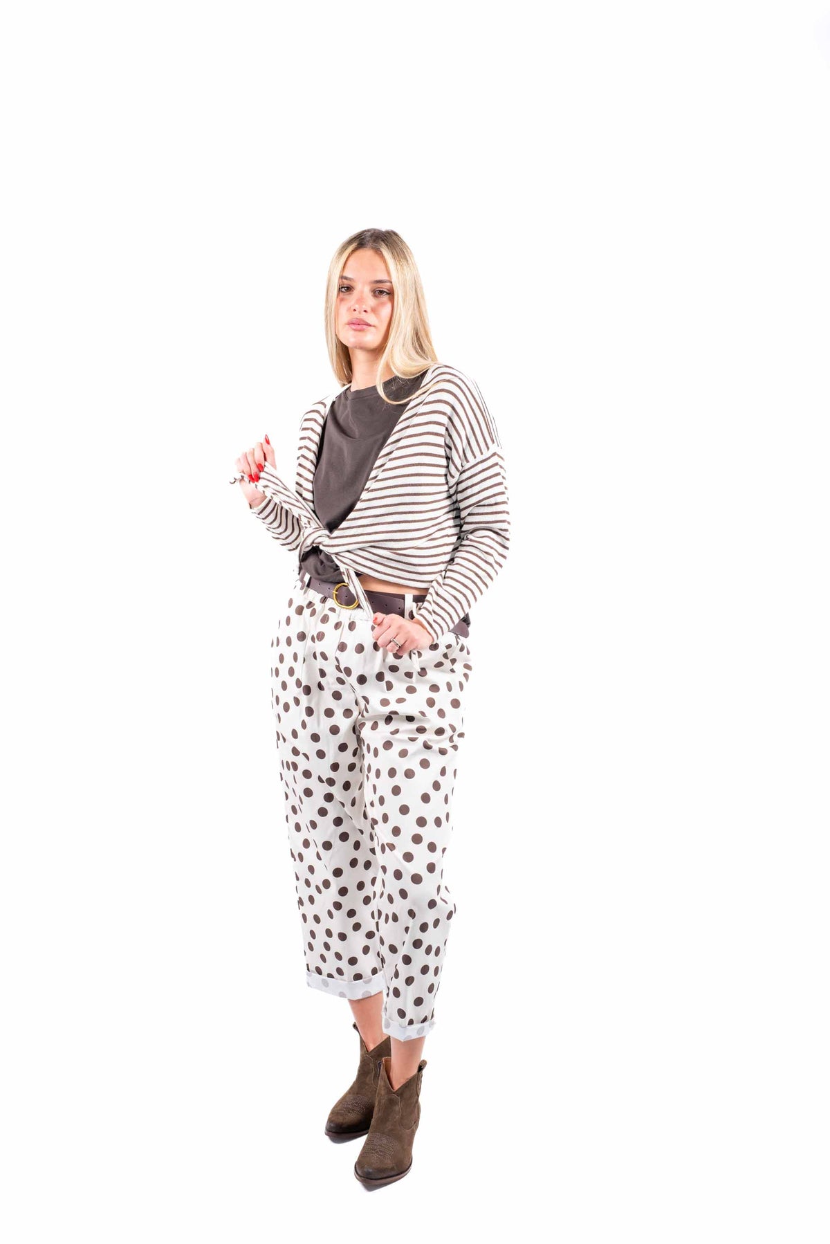 Cardigan Crop a Righe Cioccolato/Panna donna Miss love - 2