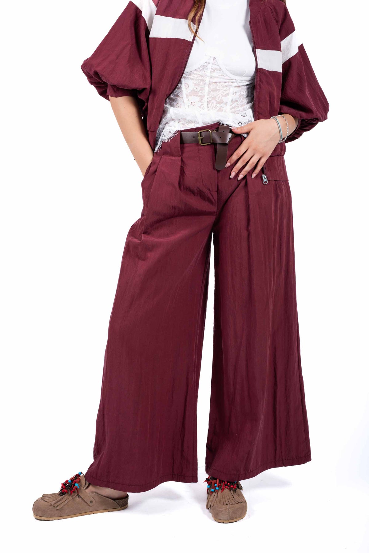 Pantaloni Wide Leg a Vita Alta Bordeaux donna Miss love - 1